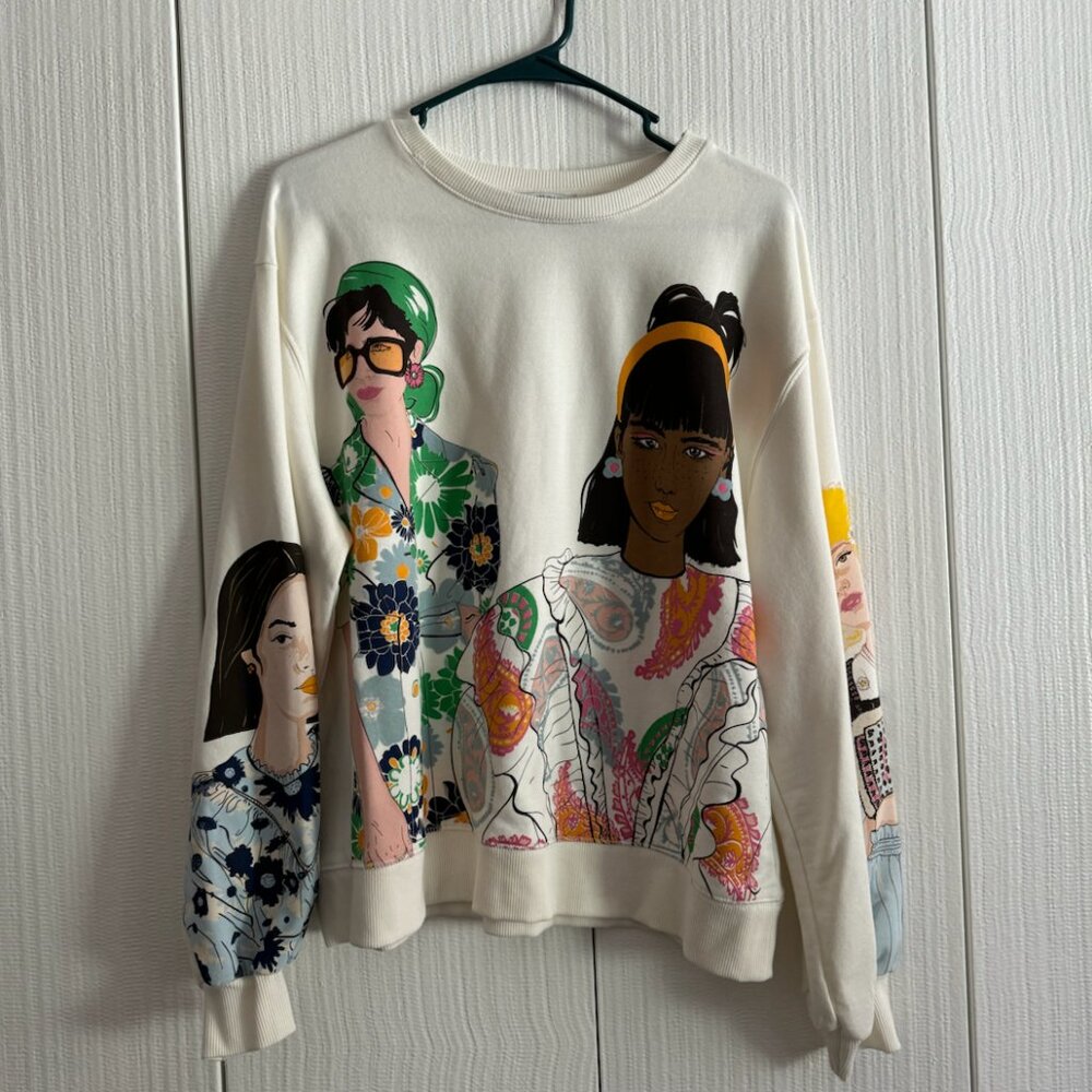 ZARA Women Printed Crewneck Sweatshirt | White | Size Small